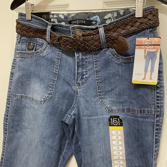 NEW One 5 One 151‎ Cropped Pants Jeans Braided Belt Medium Wash Denim Sz 8 NWT - Picture 4 of 10